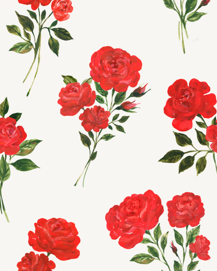 Kerry, ivory crepe de chine midi skirt with medium red roses