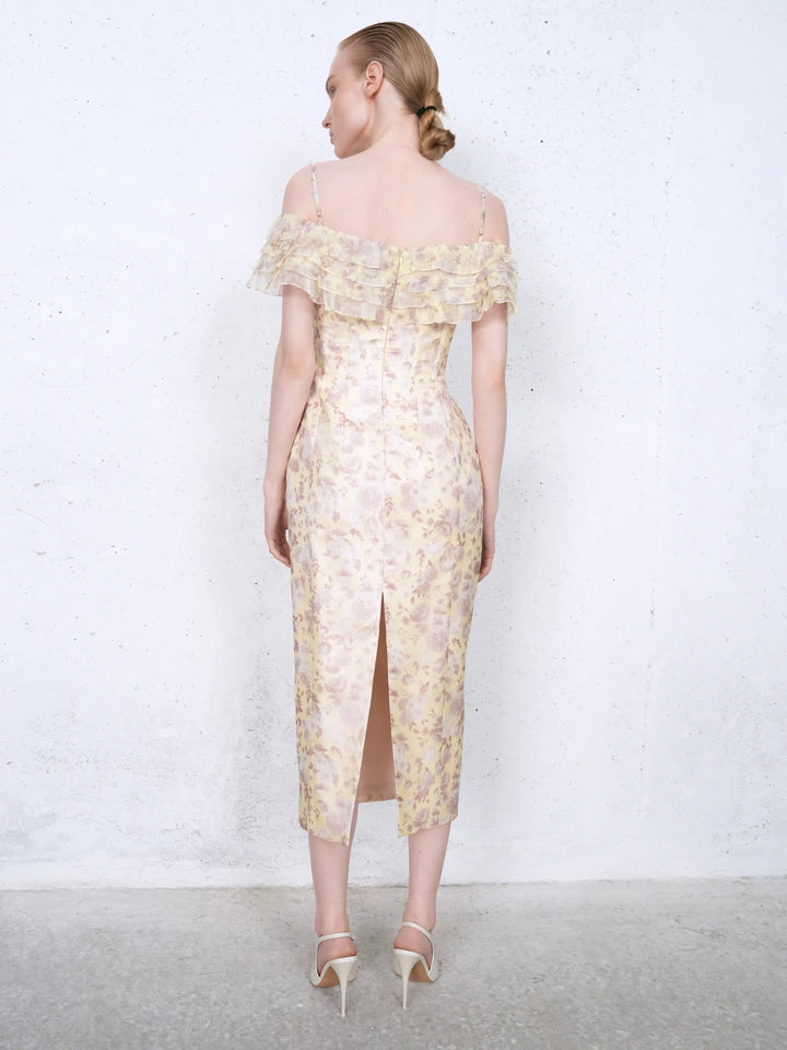 May midi, midi dress in yellow organza with a floral print, ruffles, and a rose detail
