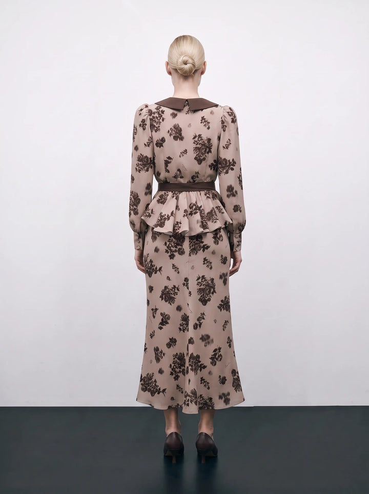 Rosetta, beige crepe de chine blouse with chocolate flowers