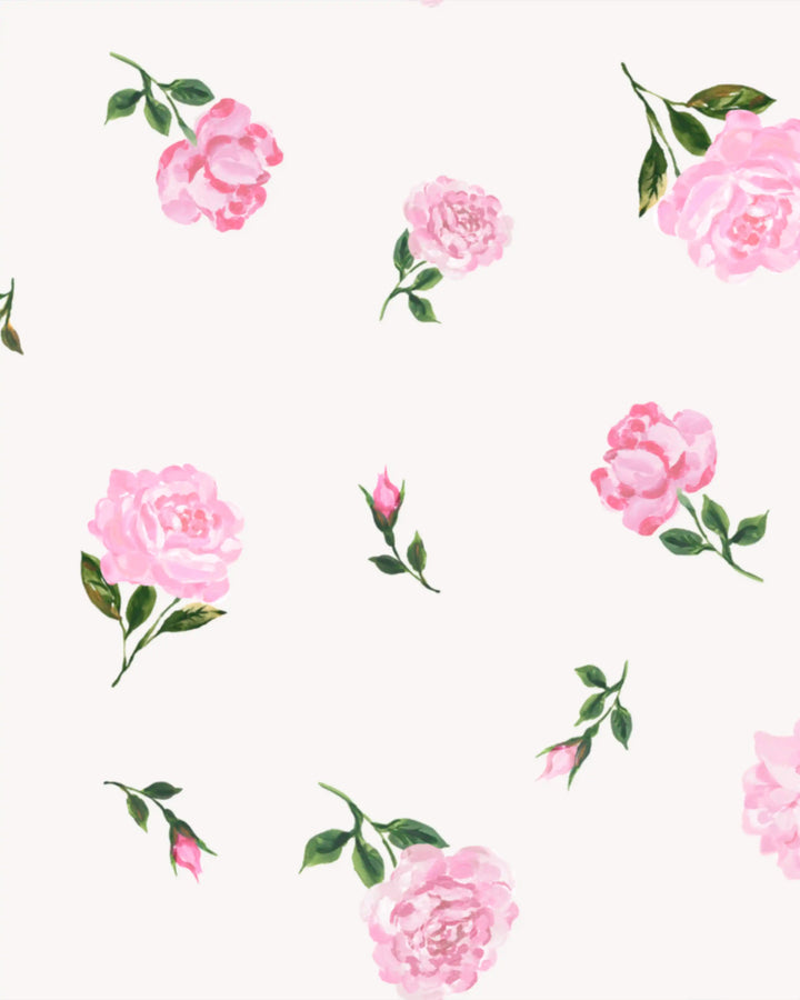 Kelly mini, mini dress in milky batiste with medium light pink roses