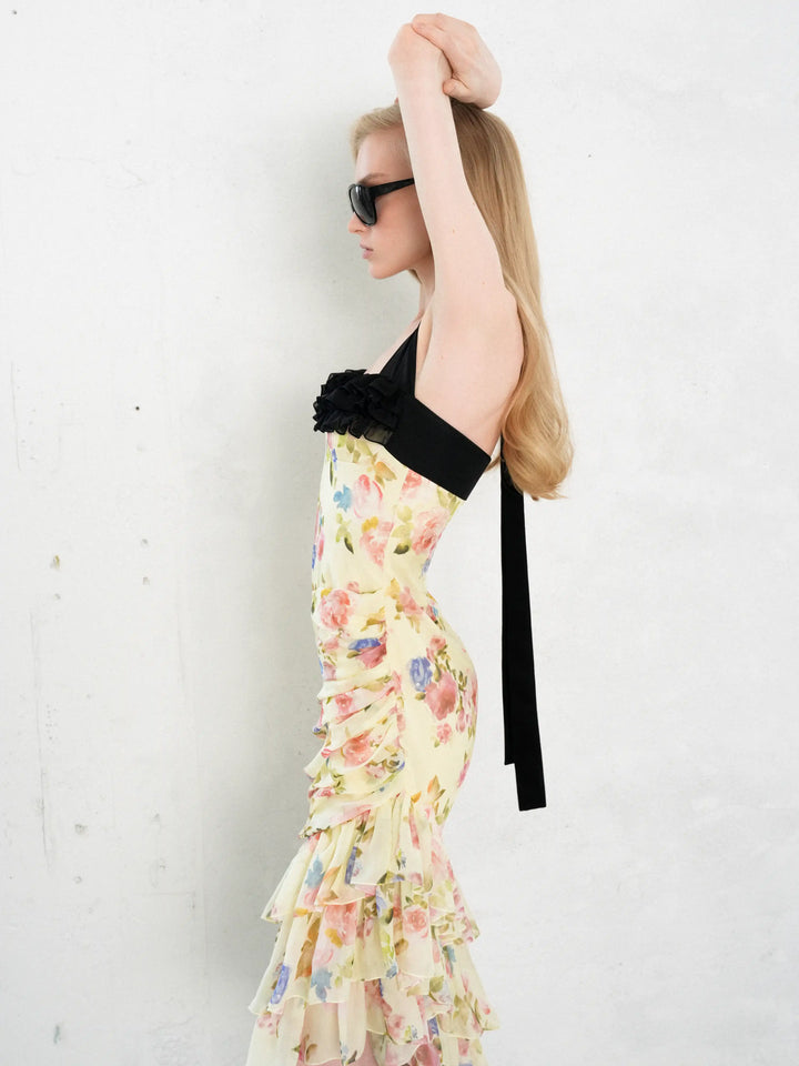 Sally midi, midi dress in pale yellow chiffon with a floral print