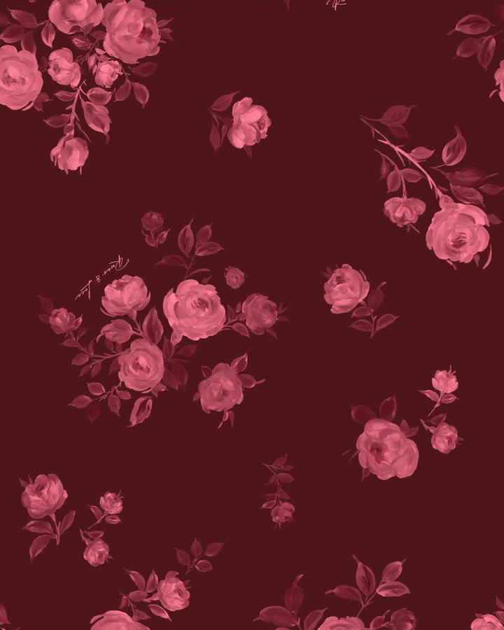 May mini, burgundy organza mini dress with floral print, ruffles, and a rose
