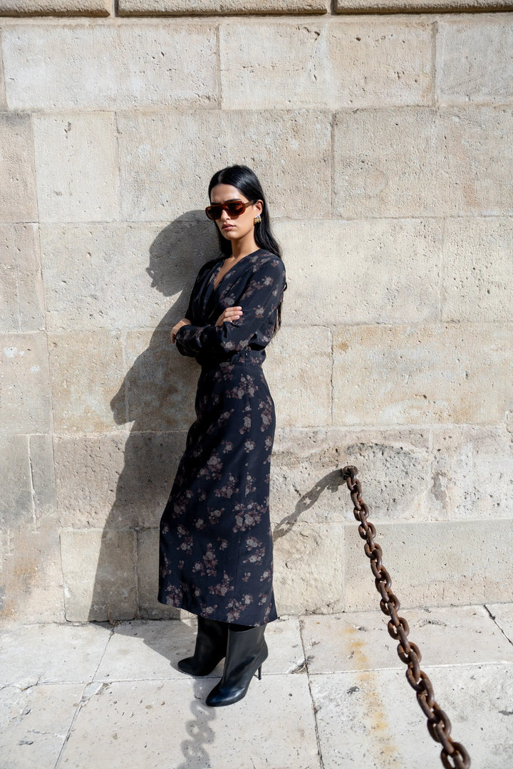 Lima midi, black crepe de chine midi dress with brown flowers