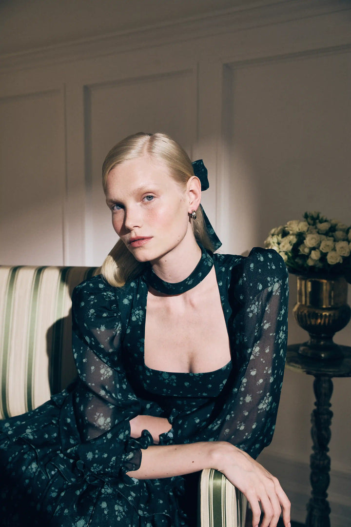 Valerie midi, midi dress made of dark green chiffon with a floral print