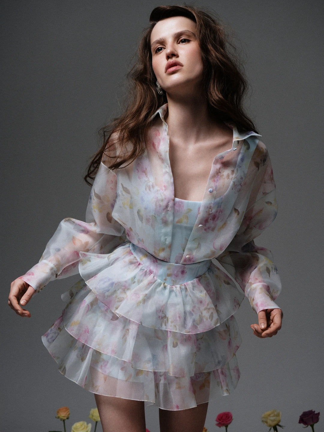 Betty mini, blue organza mini skirt with a large-scale floral print