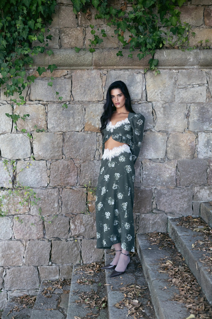 Rennie top, khaki crepe de chine top with ivory flowers