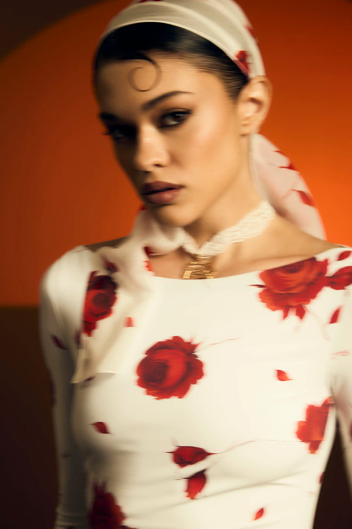 Aisha, milky chiffon ribbon with a floral print