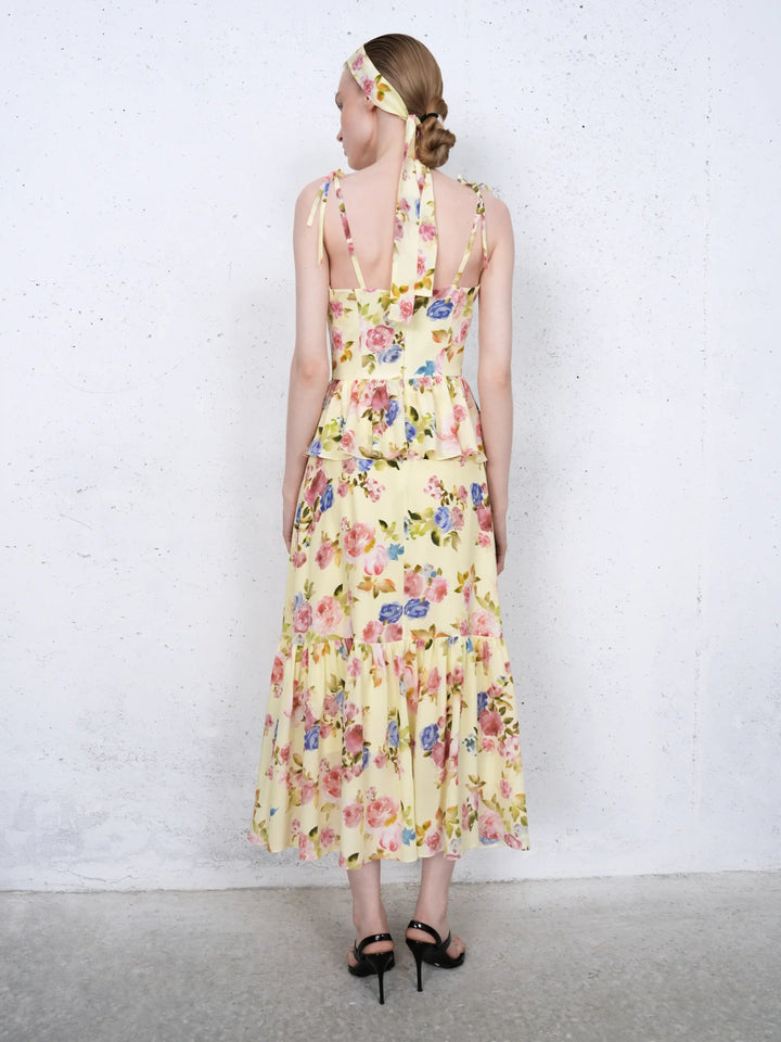 Perla midi, midi dress in pale yellow crepe de chine with a floral print