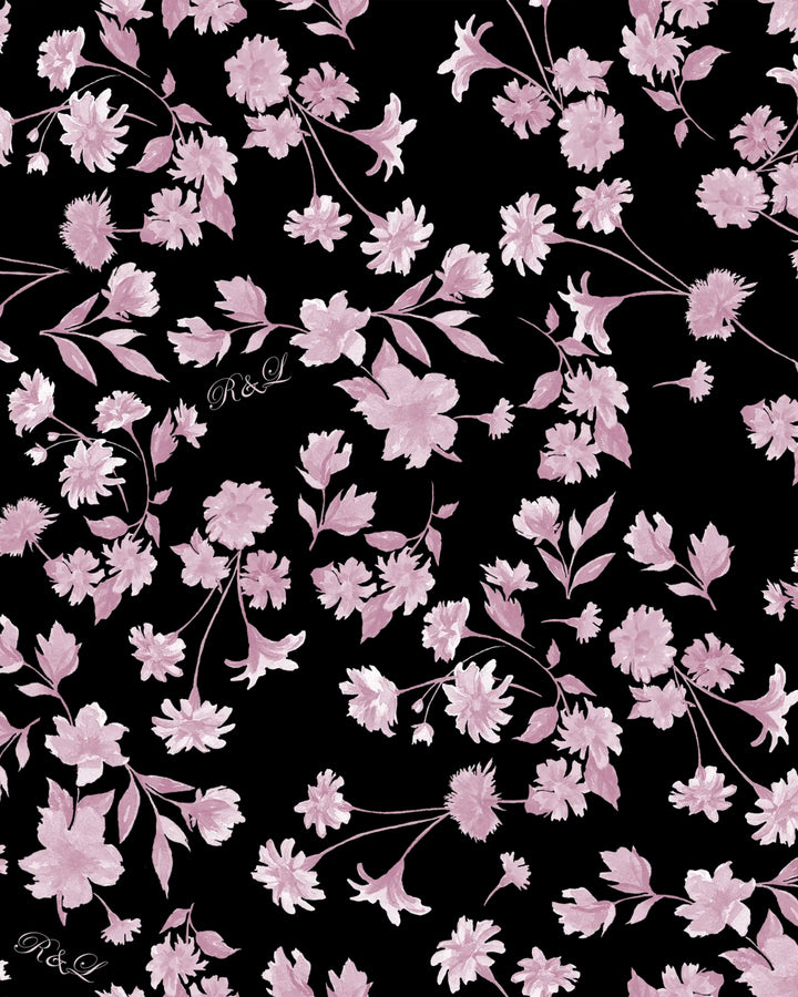 Evie, black batiste pants with small light pink flowers