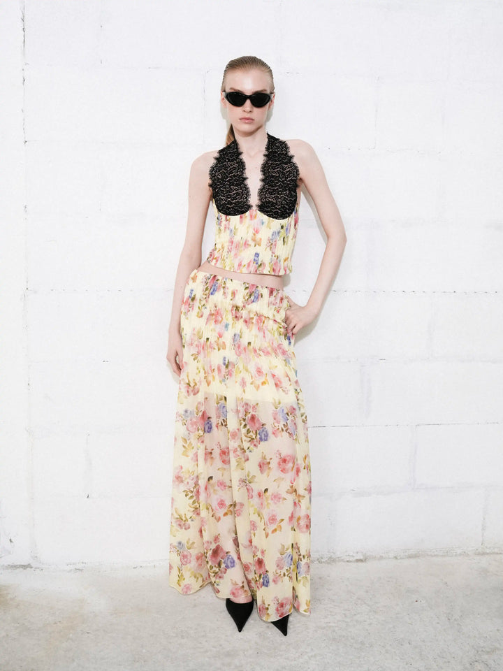 Liv top, top in pale yellow chiffon with a floral print and lace