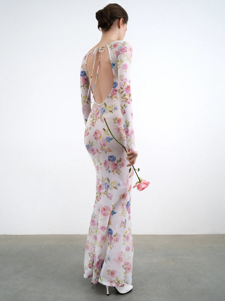 Monet maxi, milky mesh maxi dress with a floral print