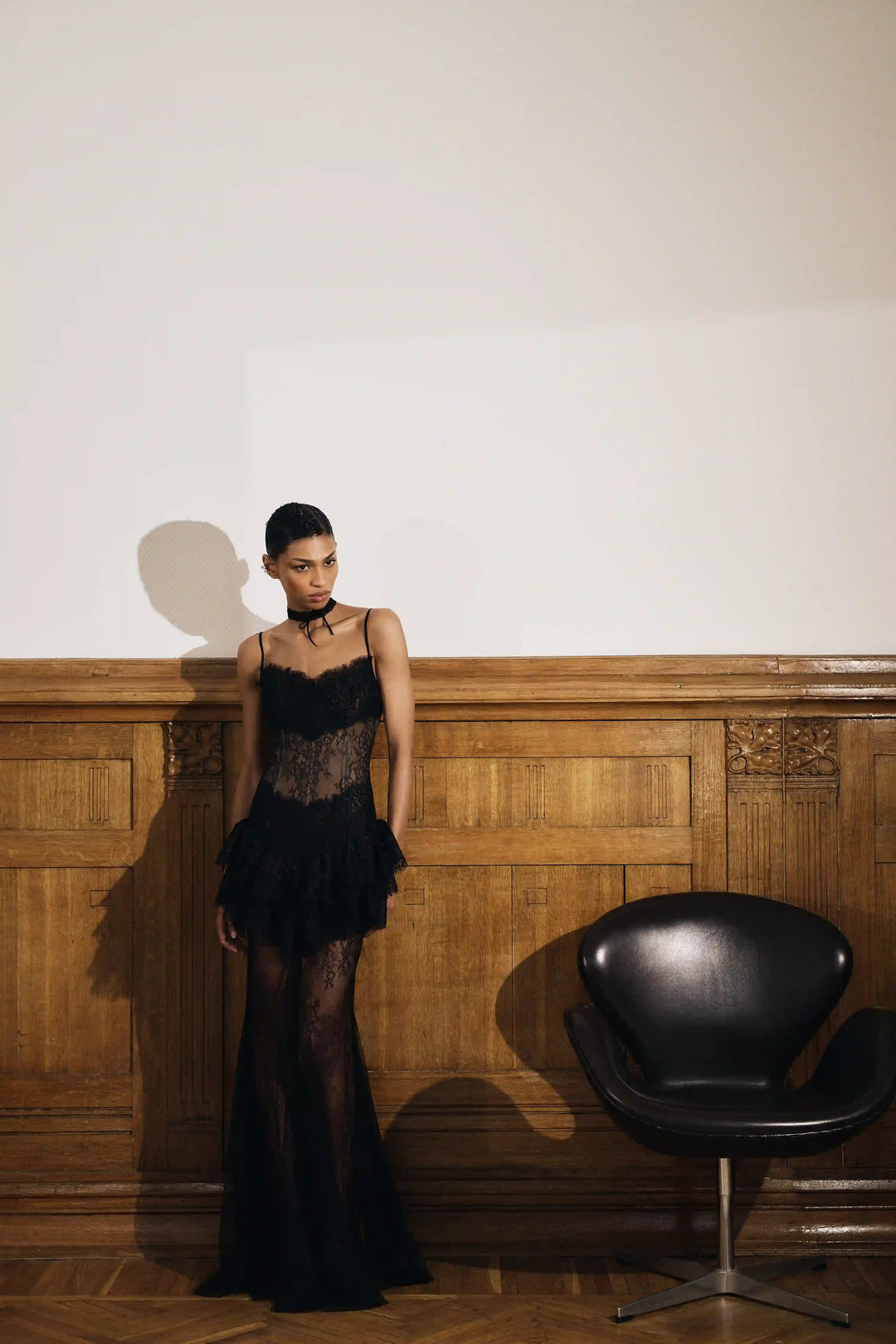 Andrea maxi, black lace maxi dress with statement ruffles