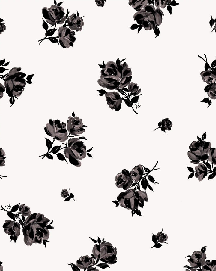 Penny midi, ivory crepe de chine midi dress with medium black flowers