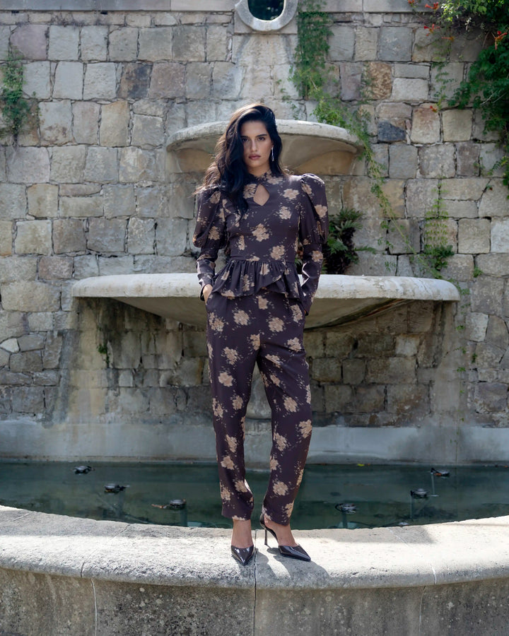 Gia, chocolate crepe de chine blouse with beige flowers