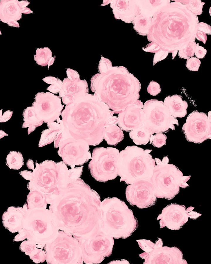 Irma mini, mini dress in black batiste with medium pink flowers