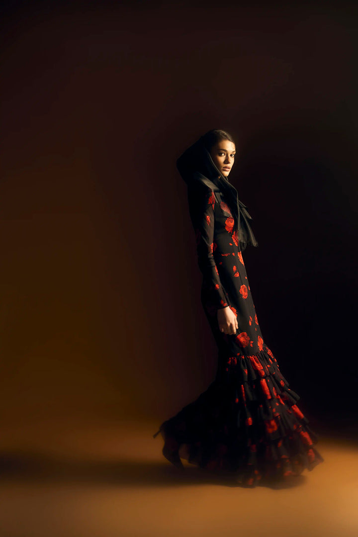 Rula maxi, black chiffon maxi dress with a floral print