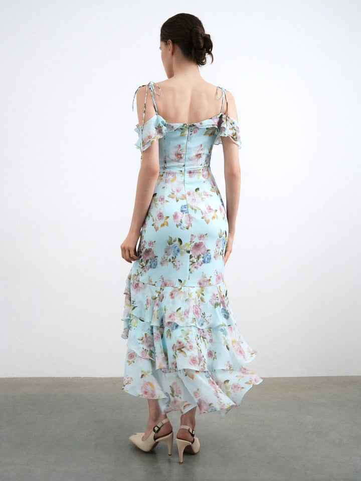 Monika midi, blue chiffon midi dress with a floral print