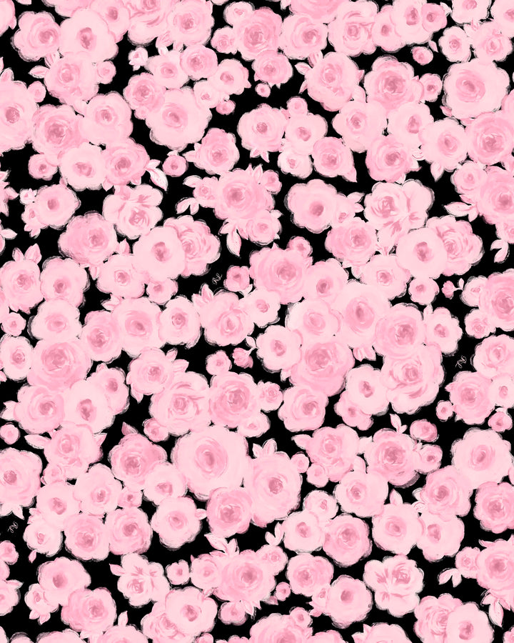 Jasmine maxi, satin maxi dress in black with medium pink flowers