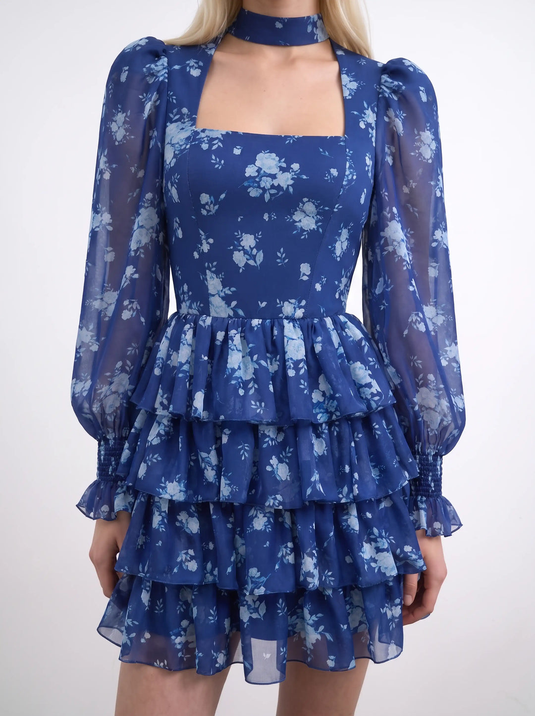 Valerie mini, blue chiffon mini dress with medium light blue flowers