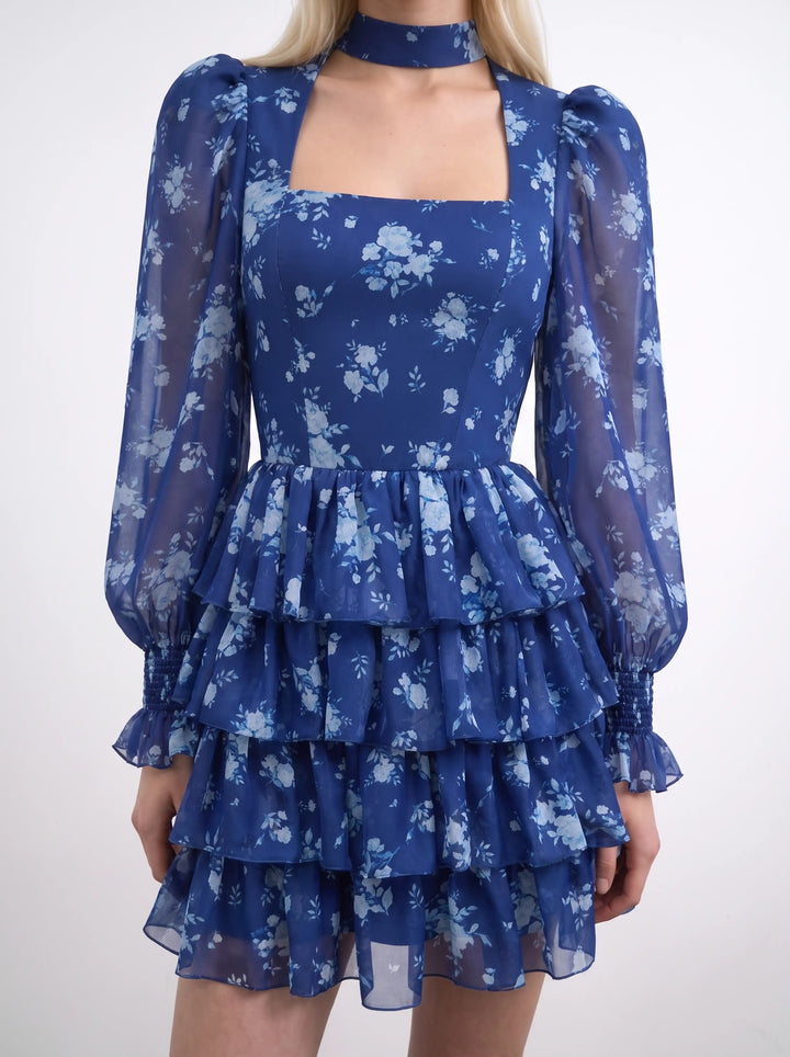 Valerie mini, blue chiffon mini dress with medium light blue flowers