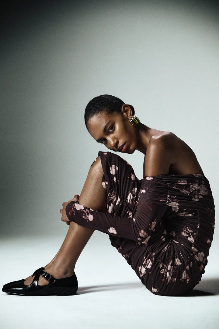 Iry midi, draped midi dress with long sleeves made of chocolate mesh with floral print