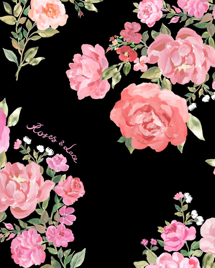 Irma mini, mini dress in black batiste with medium pink flowers