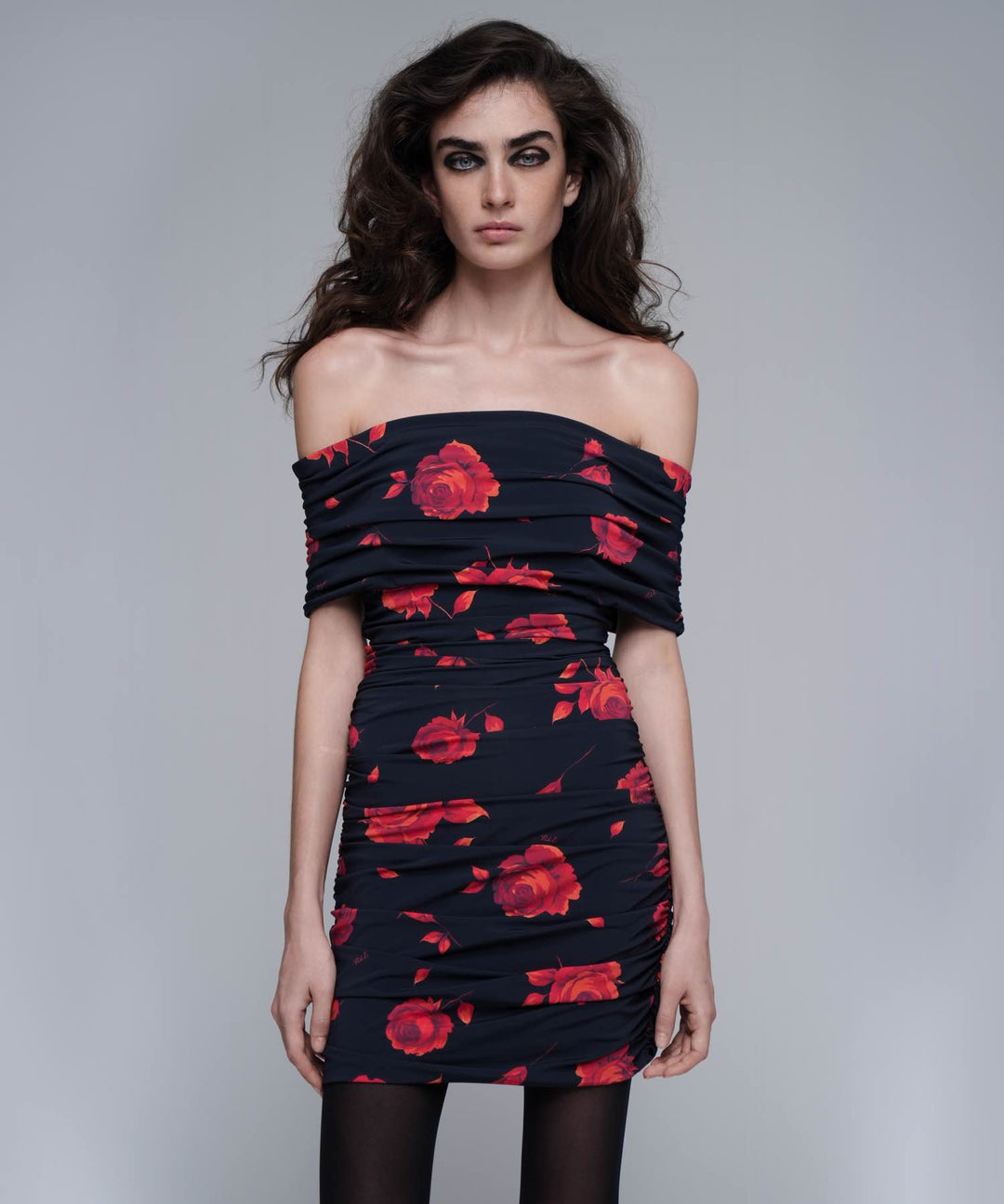 Iren mini, mini dress made of black biflex with red flowers