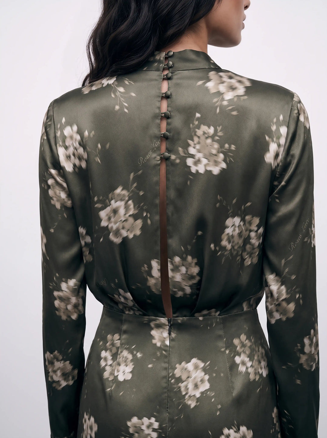 Jasmine midi, khaki satin midi dress with ivory flowers