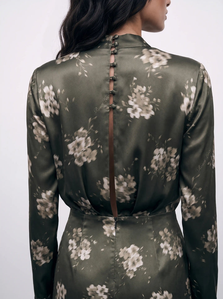 Jasmine midi, khaki satin midi dress with ivory flowers