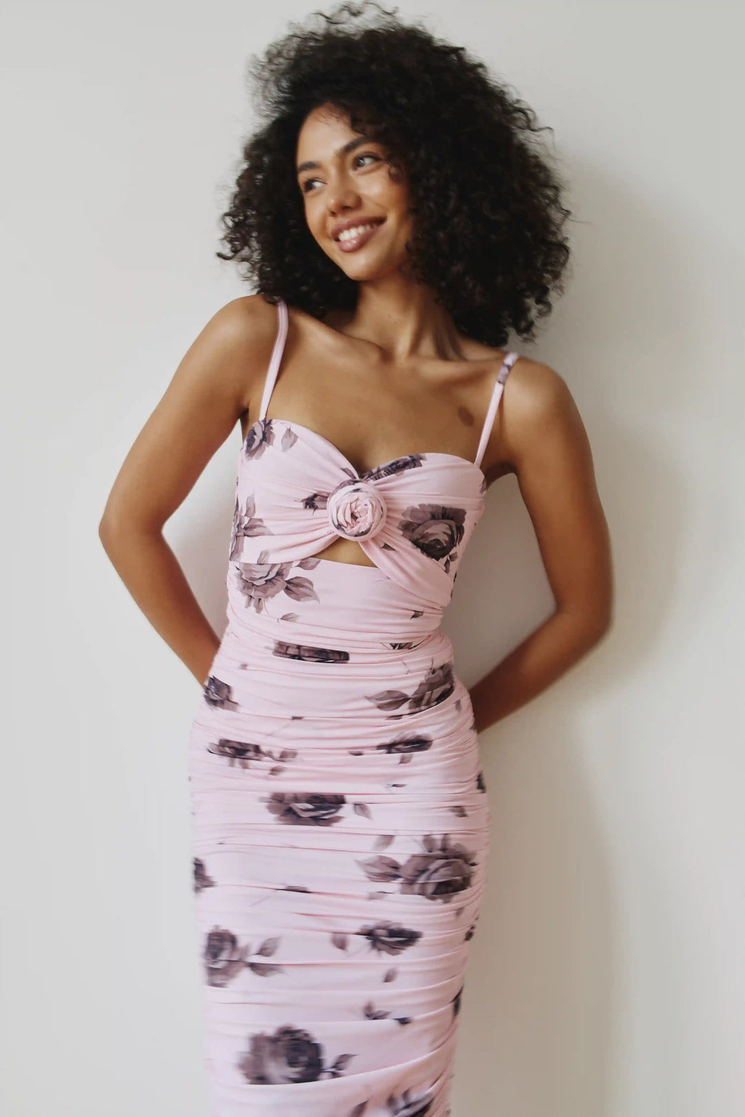 Nicole, midi dress made of lilac biflex with gray flowers