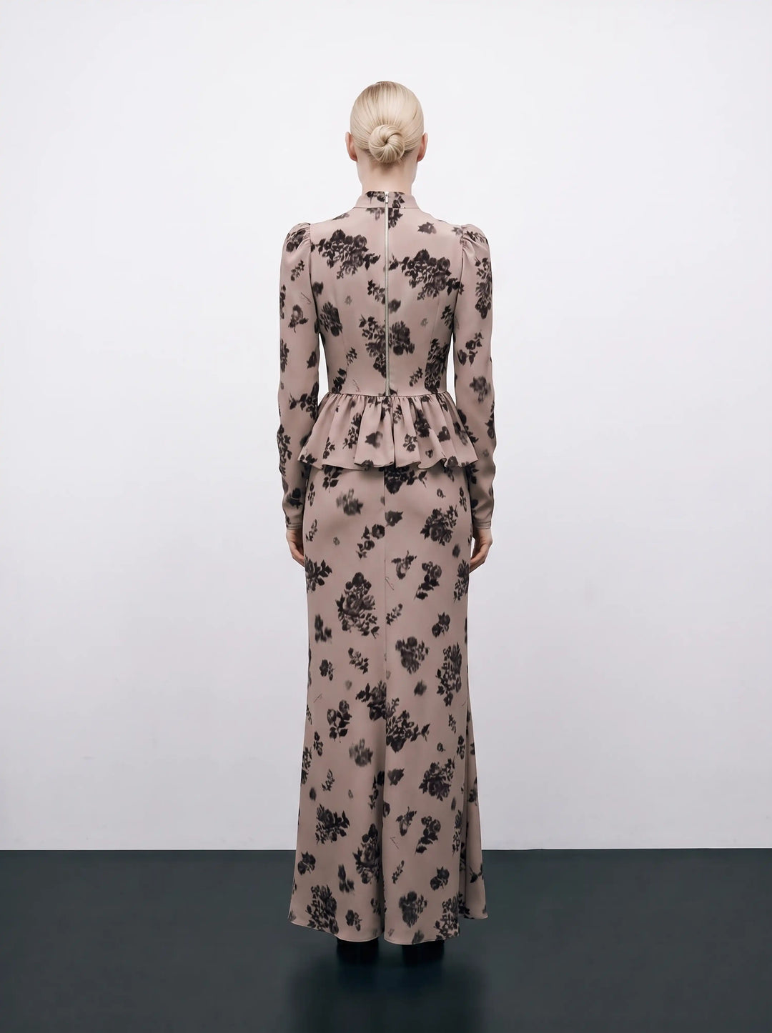 Kerelin maxi, beige crepe de chine maxi skirt with chocolate flowers