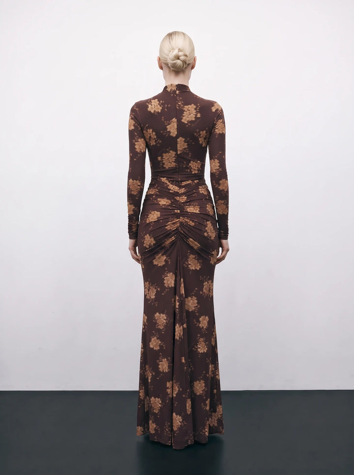 Madiya maxi, chocolate biflex maxi dress with beige flowers