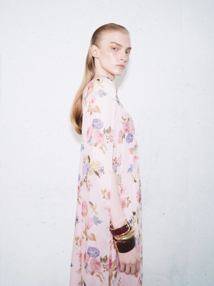 Karine maxi, strappy maxi dress in light pink chiffon with a floral print