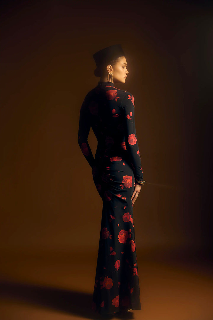 Madiya maxi, maxi dress in black biflex with a floral print