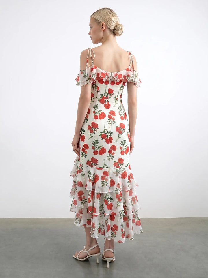 Monika midi, midi dress in milky crepe de chine with medium red roses
