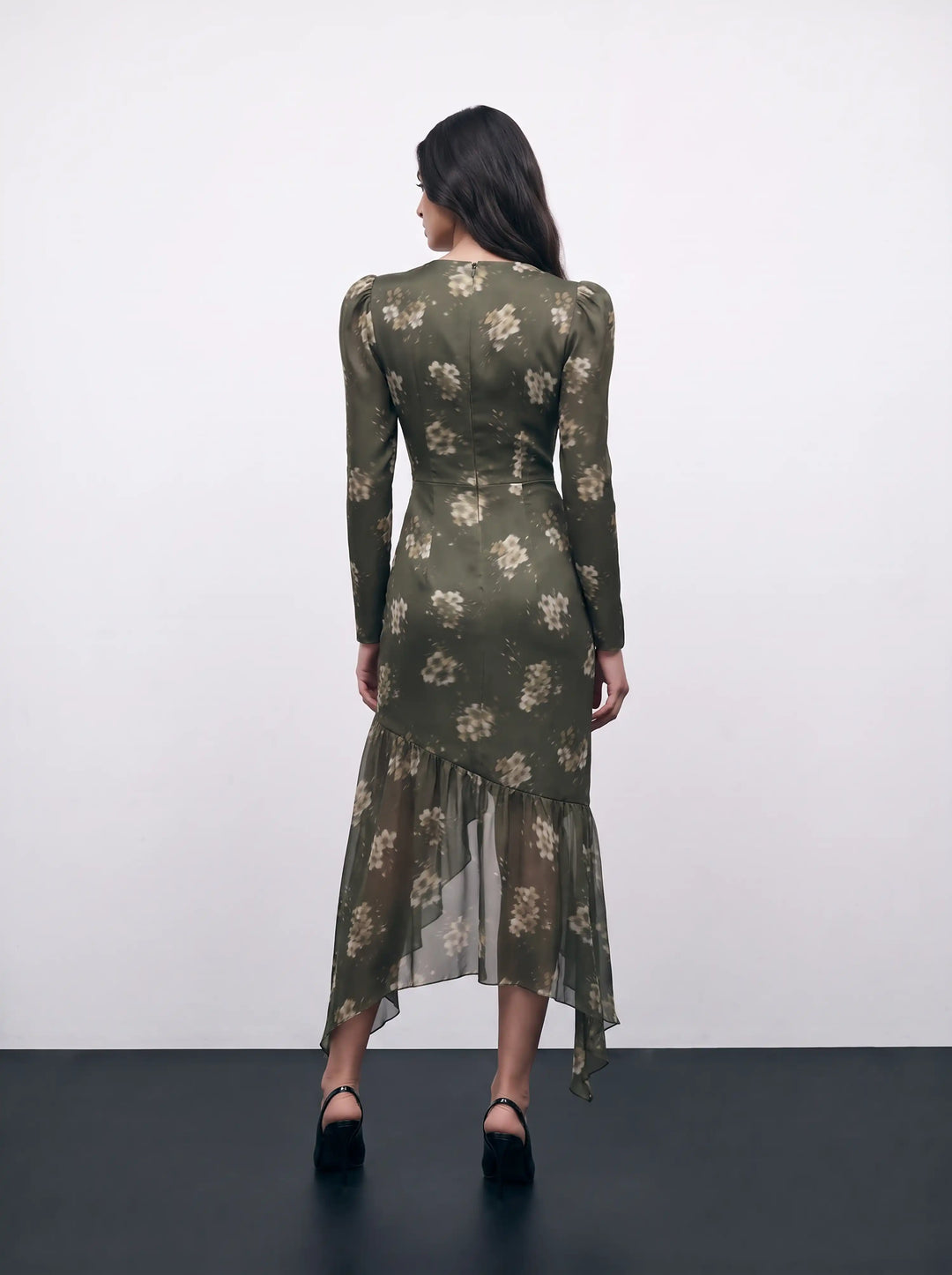 Orlene midi, khaki crepe de chine and chiffon midi dress with ivory flowers