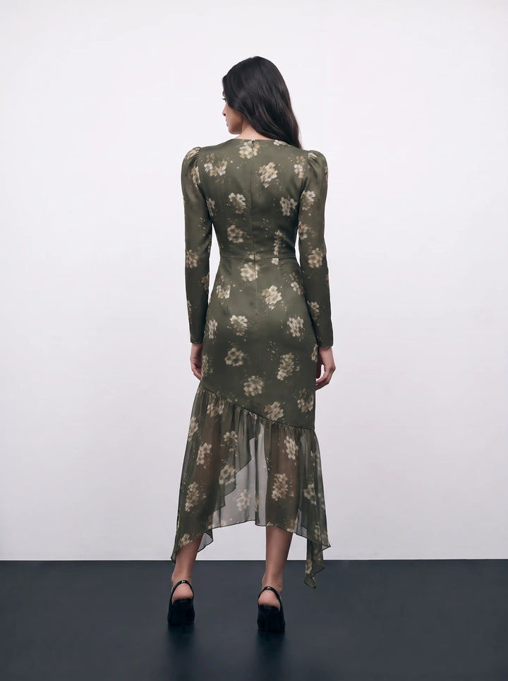 Orlene midi, khaki crepe de chine and chiffon midi dress with ivory flowers