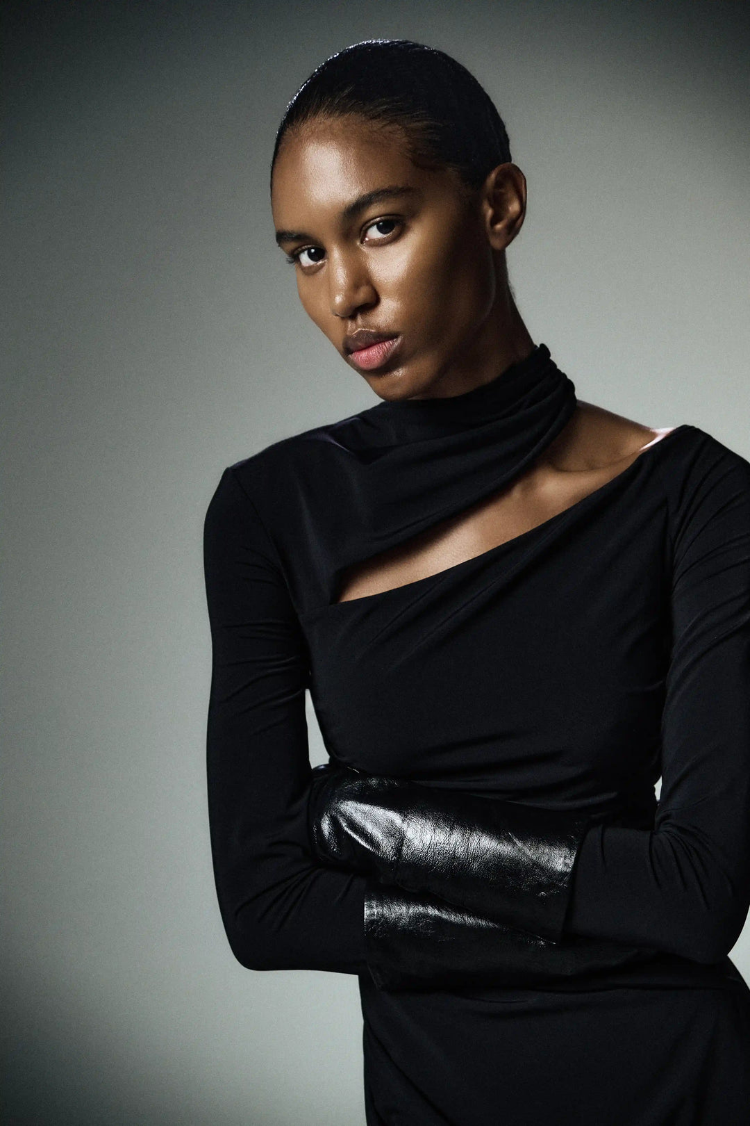Jennifer midi, midi dress with long sleeves made of black biflex