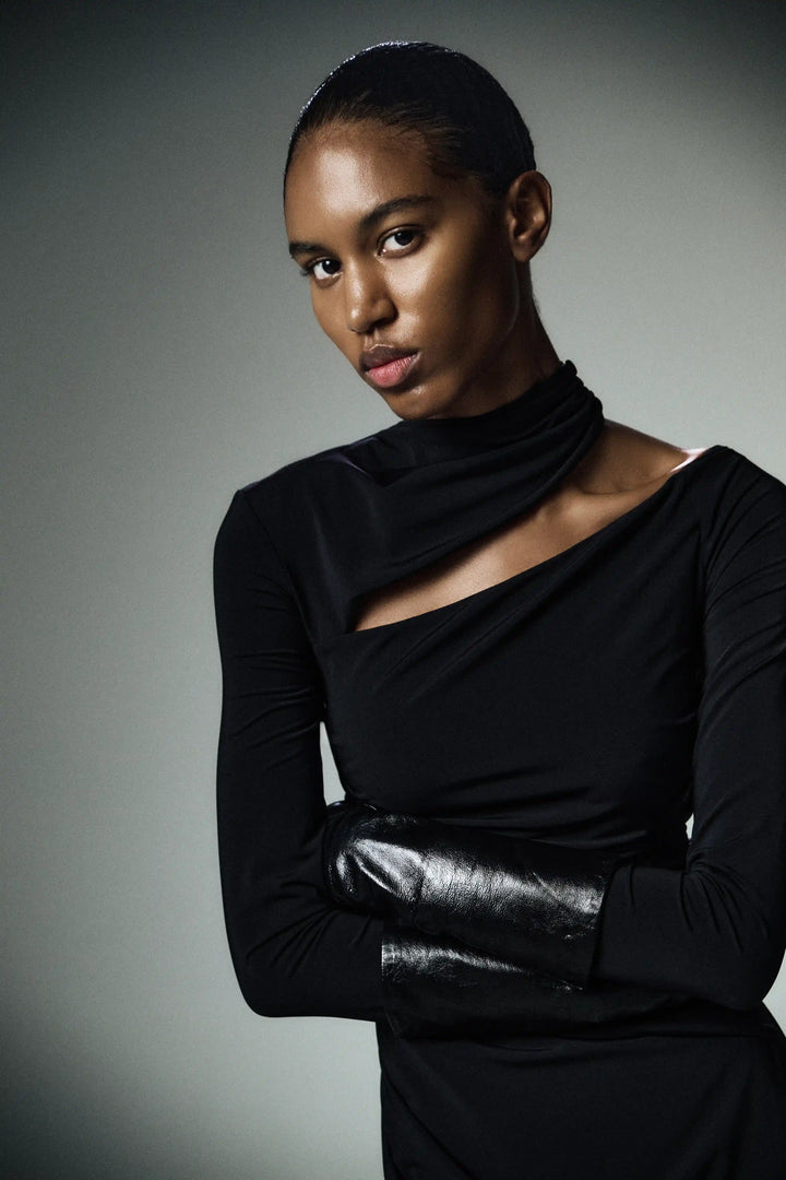 Jennifer midi, midi dress with long sleeves made of black biflex