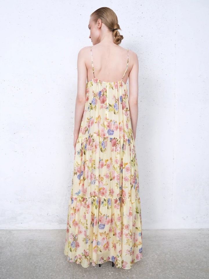 Fleur Maxi, maxi dress in pale yellow chiffon with a floral print