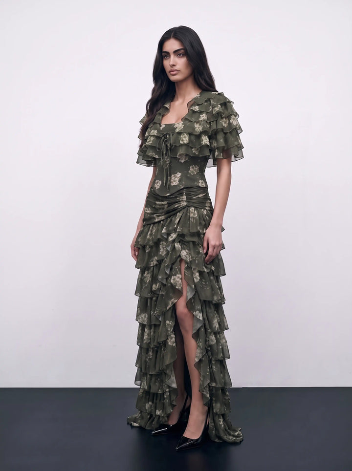 Muza, khaki chiffon crop top with ivory flowers