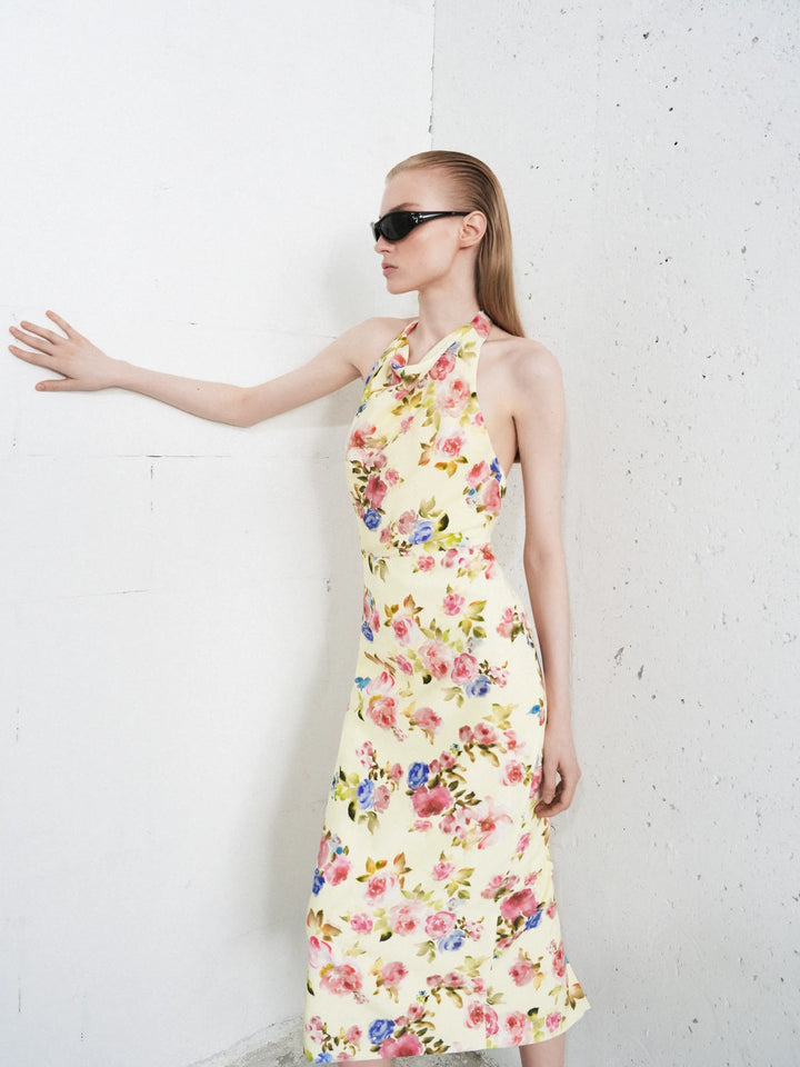 Esty midi, midi dress in pale yellow crepe de chine with a floral print
