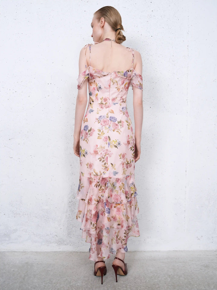 Monika midi, midi dress in light pink chiffon with a floral print