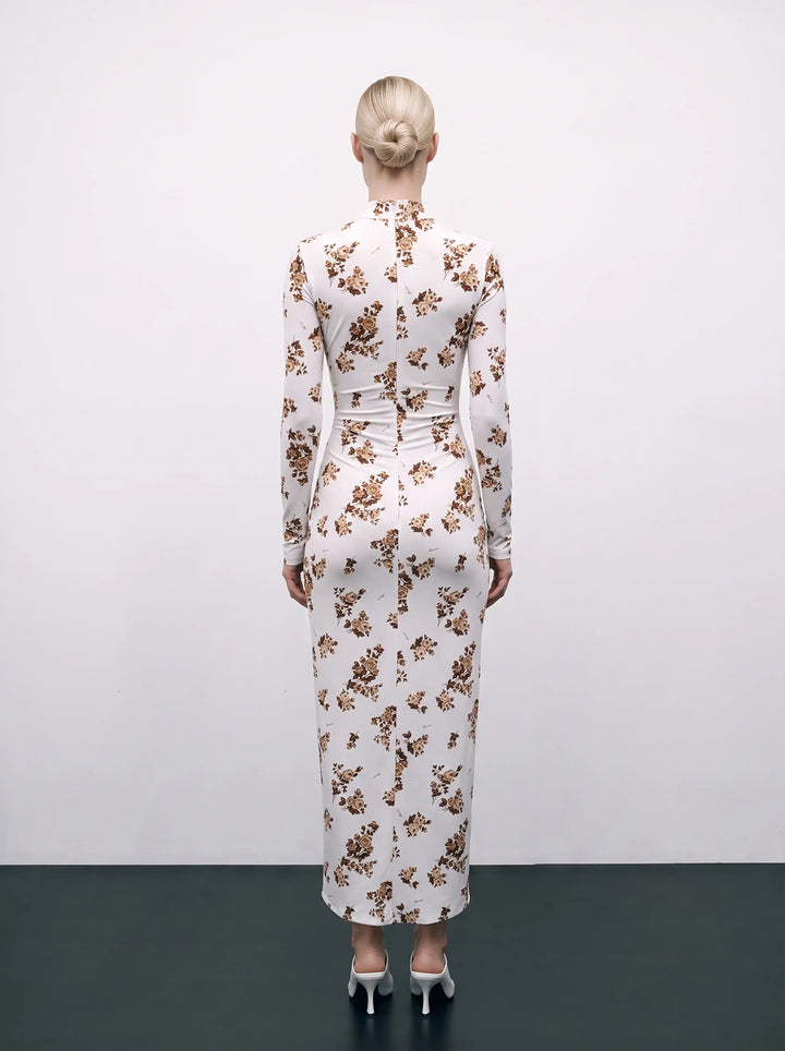 Ami midi, milky biflex midi dress with brown flowers