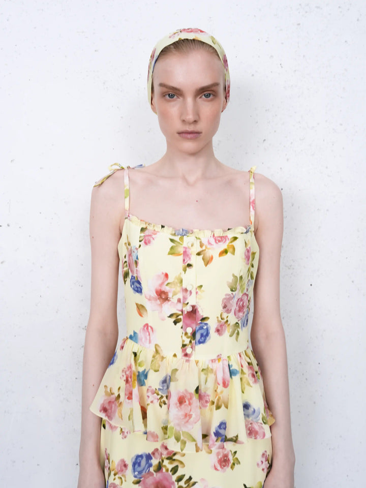Luana, ribbon in pale yellow crepe de chine with a floral print