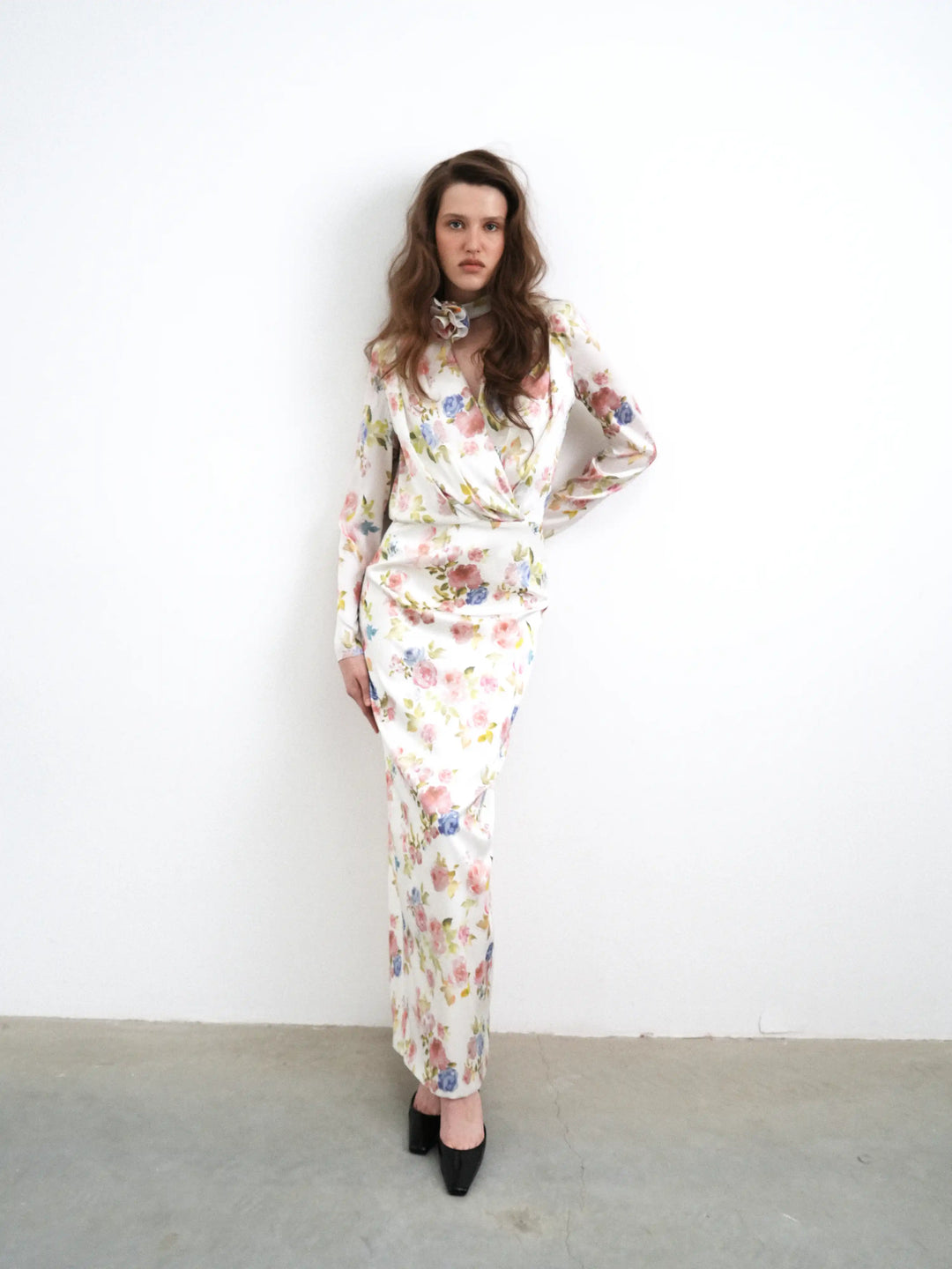 Jasmine maxi, milky satin maxi dress with a floral print