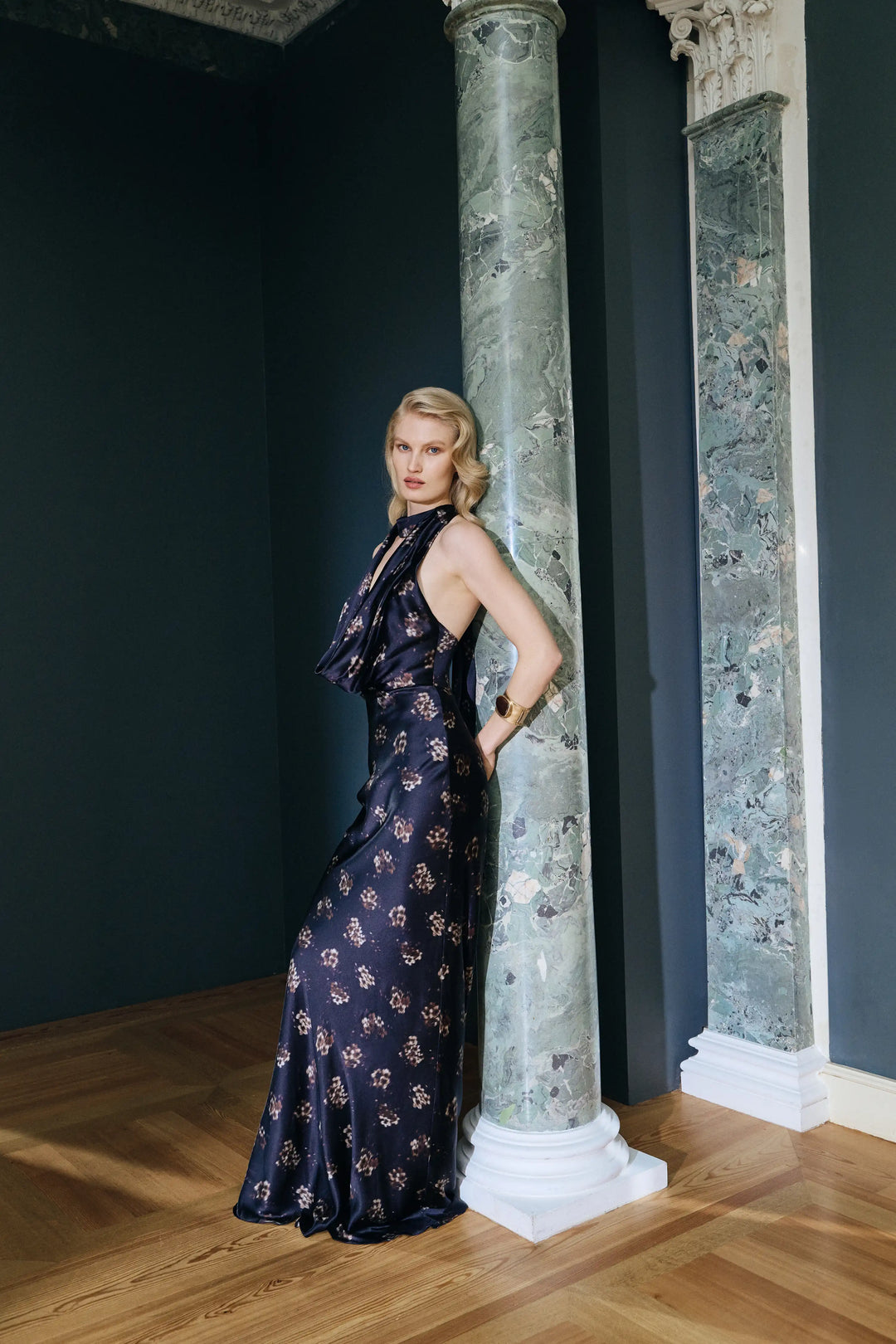 Alia maxi, a black satin maxi dress with a medium-scale floral print