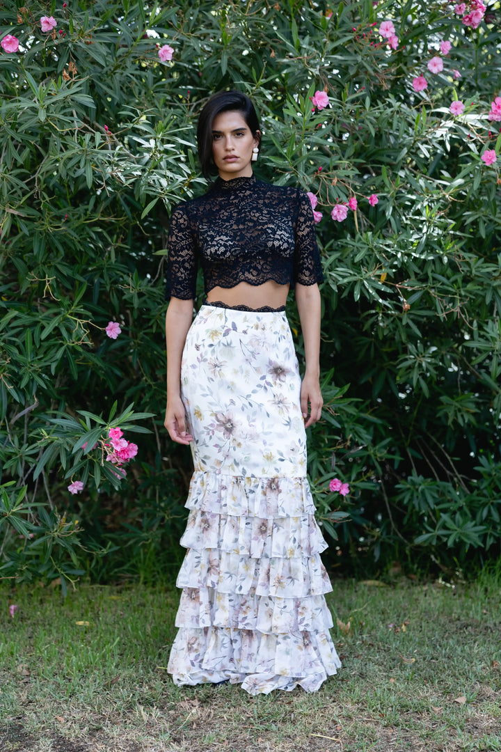 Ru, milky chiffon midi skirt with multicolor floral print and lace trim