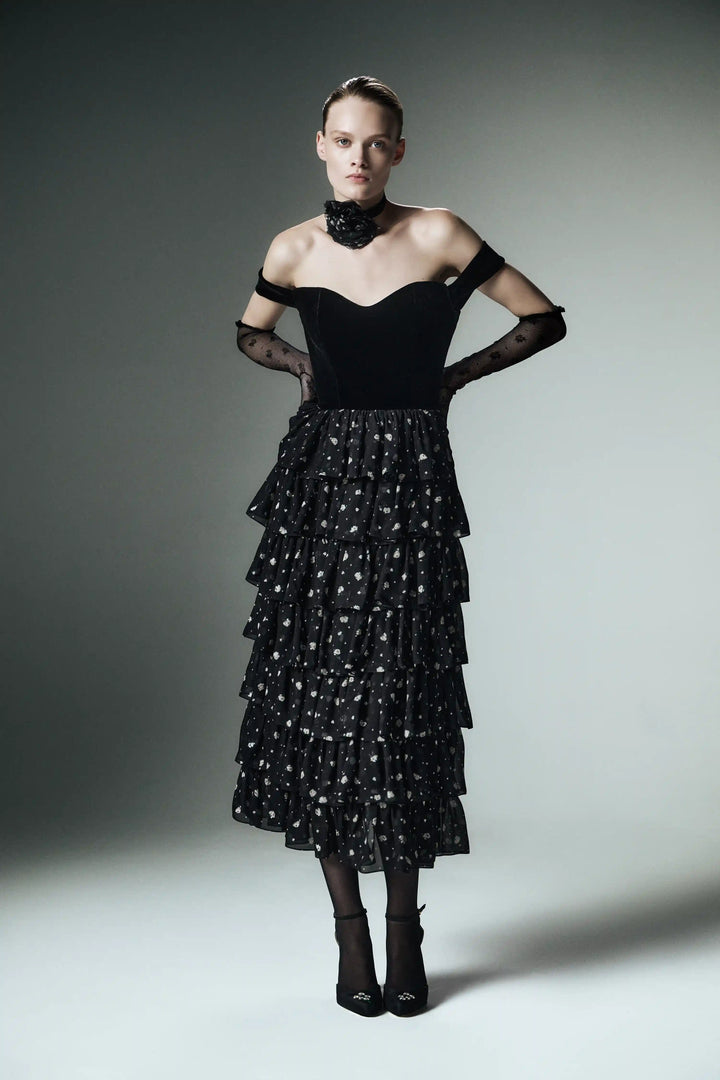 Floriena, choker with a rose made of black chiffon with small floral print