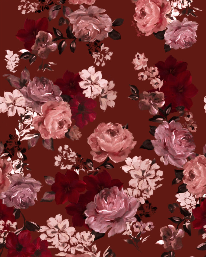 Harper, burgundy chiffon shirt with multicolor floral print